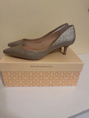 Badgley Mischka Silver Glitter Pointed-Toe Mid-Kitten Heel Pumps